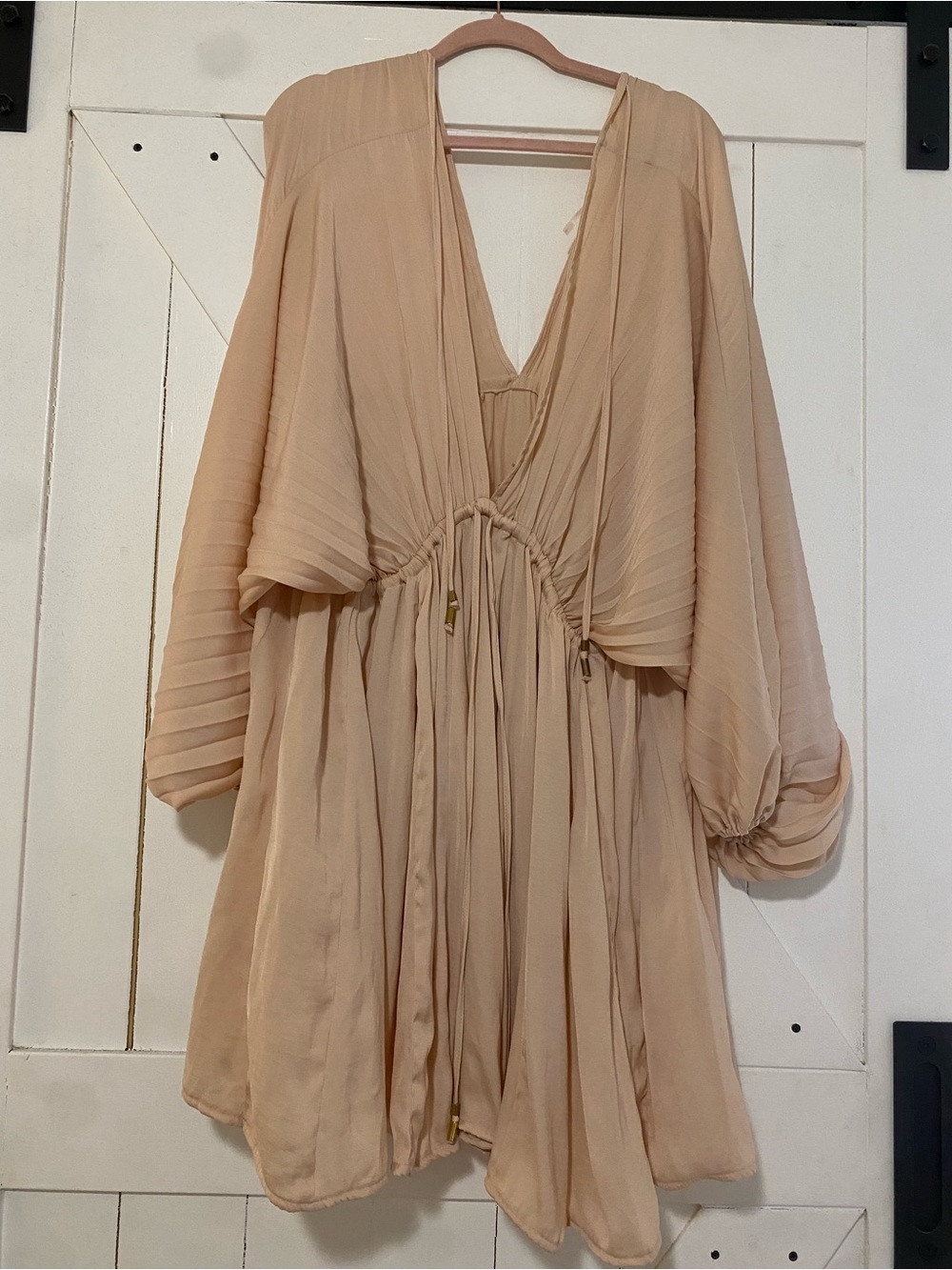 Free People Blush Beige Pleated Flutter Sleeve Mini Dress